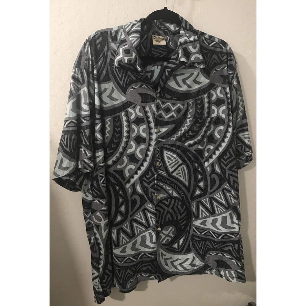 Go Barefoot Mens XL Hawaiian Shirt Tribal Tapa Print Grey Black Made in USA